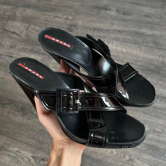 Rare Vintage Prada Sport Black Leather Wedge Chunky Buckle Pump Mule Heels - Picture 1 of 8